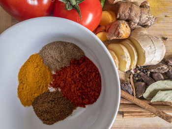 High angle view of fruits and vegetables and spices in bowl