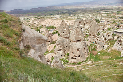 High angle view of old ruin on mountain