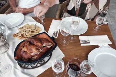 High angle view of food served on table