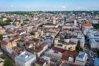 Beautiful aerial view of the lviv city, historical city center, ukraine