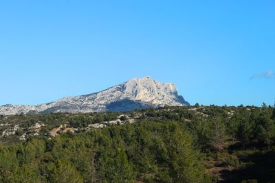 Scenic view of mountains against clear blue sky