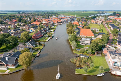 Aerial from the historical village woudsend in friesland the netherlands