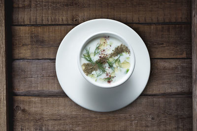 High angle view of salad in bowl on table