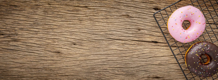 High angle view of bread on wooden table