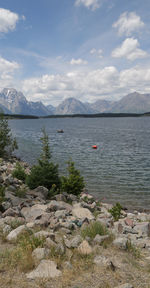 Scenic view of lake and mountains against sky