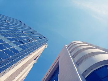 Low angle view of modern buildings against clear blue sky