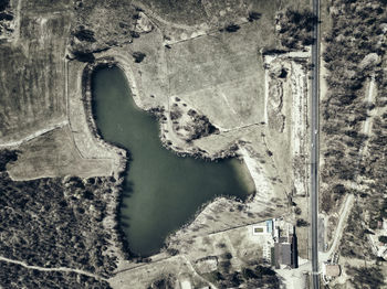 High angle view of old tree by water