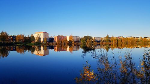 Reflection of trees in lake against clear blue sky