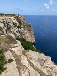 Rock formations by sea against sky