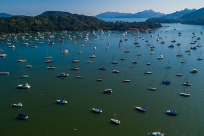 High angle view of boats moored in sea