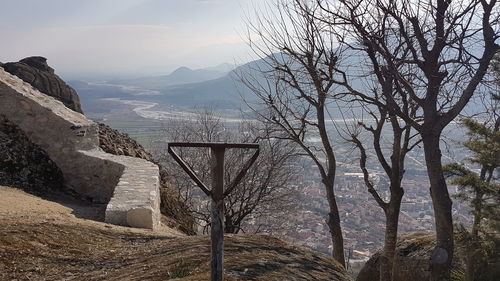 Bare trees on mountains against sky