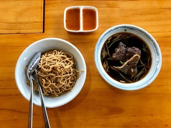 High angle view of food in bowl on table