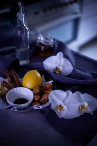 High angle view of breakfast on table