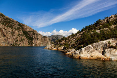 Scenic view of sea and mountains against sky