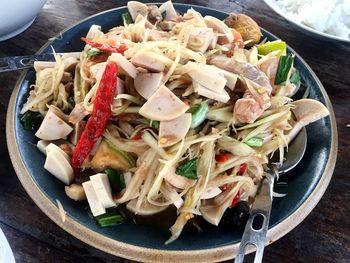 High angle view of food in plate on table