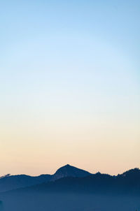 Scenic view of silhouette mountain against clear sky during sunset