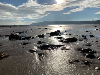 Surface level of wet sand on beach against sky