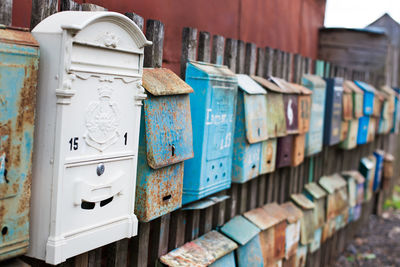 Close-up of mailbox on building