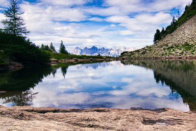 Scenic view of lake against cloudy sky