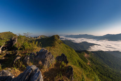 Scenic view of mountains against clear blue sky