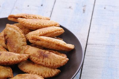 High angle view of bread in plate on table