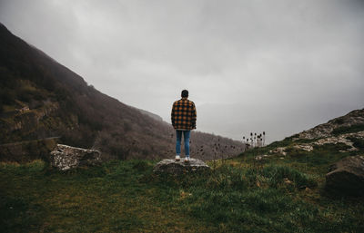 Rear view of man looking at mountain against sky