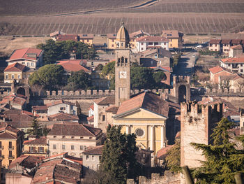 High angle view of buildings in town