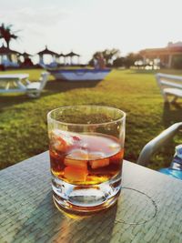 Close-up of beer in glass on table