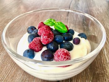 High angle view of strawberries in bowl on table