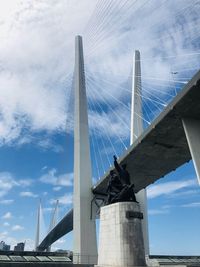 Low angle view of suspension bridge against cloudy sky