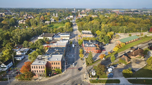 High angle view of buildings in city