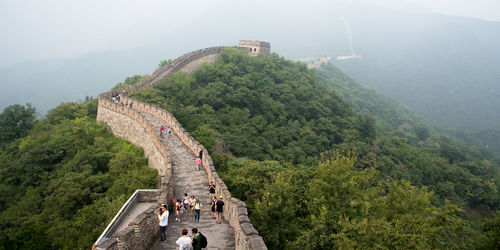 High angle view of tourists on mountain
