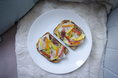 High angle view of breakfast in plate on table