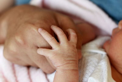 Close-up of parent holding baby hand