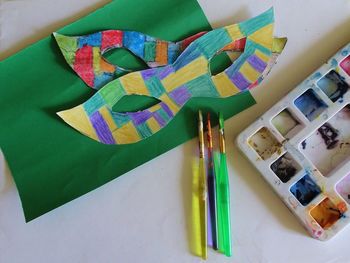 High angle view of multi colored pencils on table