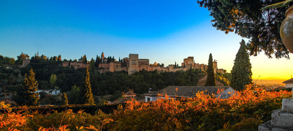 Panoramic shot of cityscape against clear blue sky