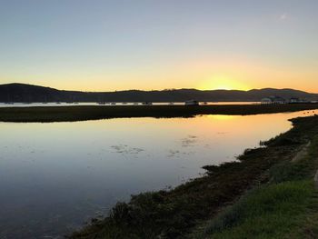 Scenic view of lake against sky during sunset