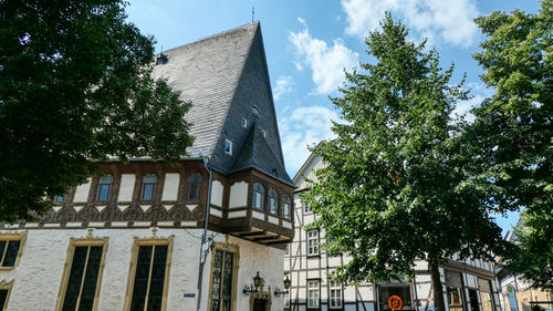 Low angle view of trees and building against sky