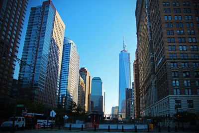 Low angle view of buildings against clear sky