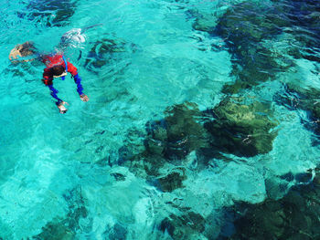 High angle view of man swimming in sea