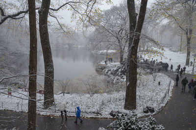 High angle view of people by trees during winter