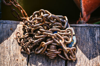 Close-up of rusty metal on table