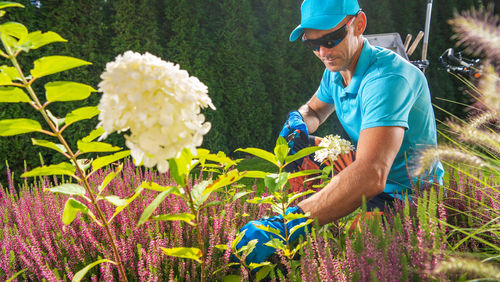 Rear view of man watering plants