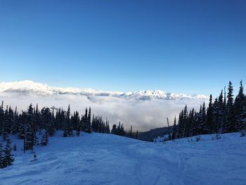 Scenic view of snow covered mountains against blue sky