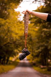 Person holding umbrella on tree during autumn