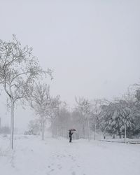 Man on snow covered trees against clear sky