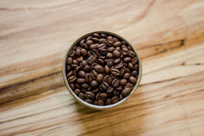 High angle view of coffee beans on table