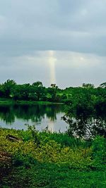 Scenic view of lake against cloudy sky