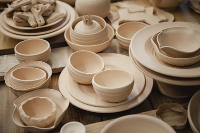 High angle view of bowls on table