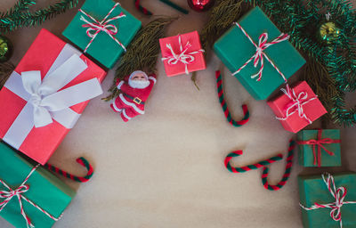 High angle view of christmas decoration in box